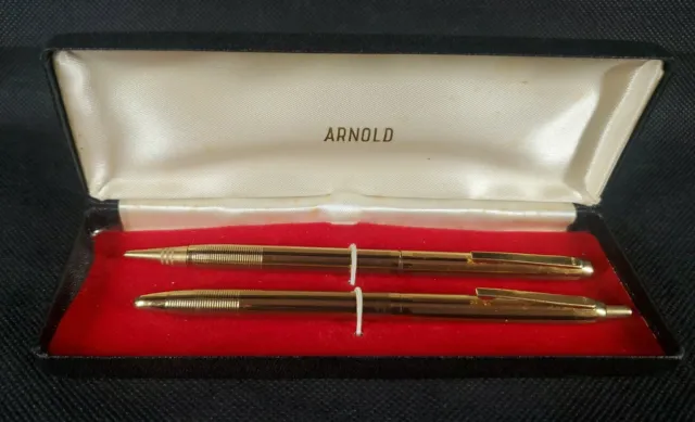 Superb Gold Tone Ball Point Pen & Pencil Set Boxed USA Vintage Bankers Box