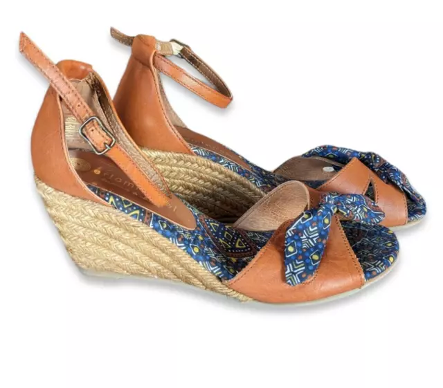 ERIC MICHAEL Wedges Espadrille Ankle Strap Aztec Bow Open Toe Brown Size 7.5