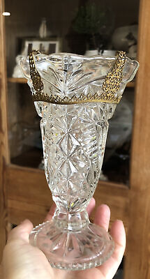 Antique Pressed Pattern Glass Vase Lovely Gilt Metal Ornate Decoration
