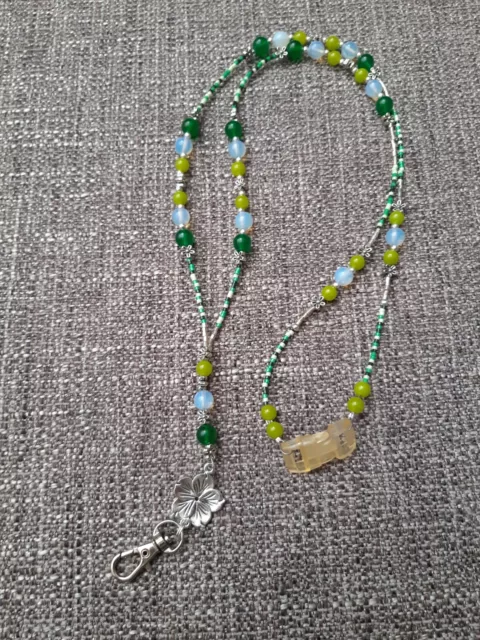 Green seed bead w/jade stones Lanyard with Breakaway USA Handmade Badge