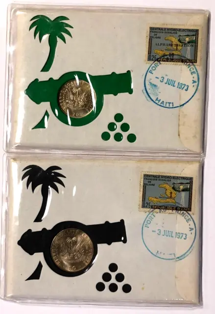 Pair of HAITI 1972 "Baby Doc" 20 & 50 Centimes Coins in First Day Covers PNC