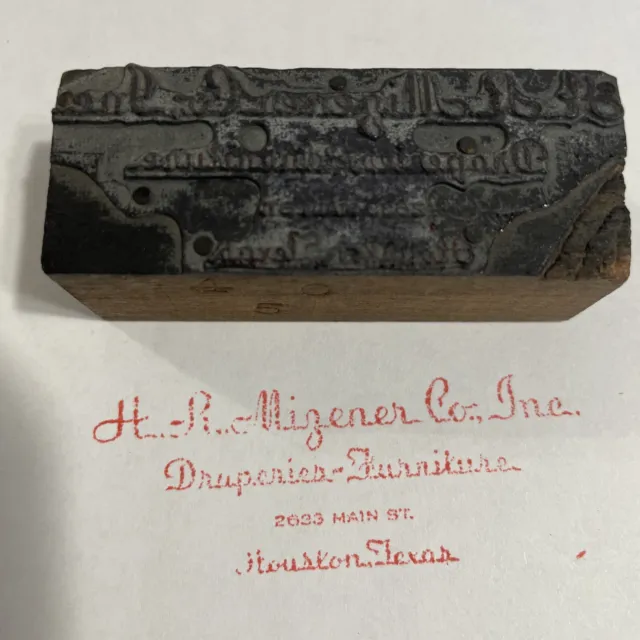 Vintage Printing Block H. R. Migener Co Draperies & Furniture Houston Tx