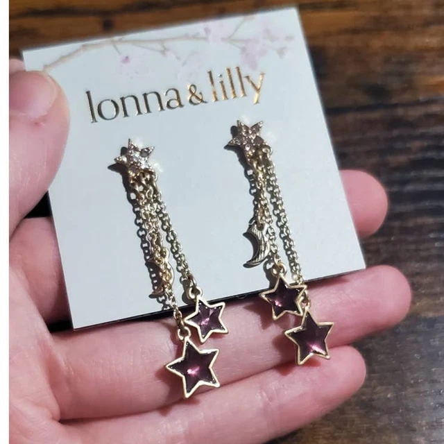New! LONNA & LILLY Gold-Tone Mixed Stone Star & Moon Linear Drop Earrings
