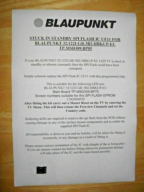 BLAUPUNKT 32/122I-GB-3B2-HBKUP-EU STUCK IN STANDBY? SPI IC UF11 TP.MSD309.BP75 £10.80 - PicClick UK