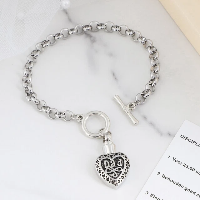 Pulseras de cremación de urna de corazón plateado - soporte de cenizas recuerdo de joyería conmemorativo