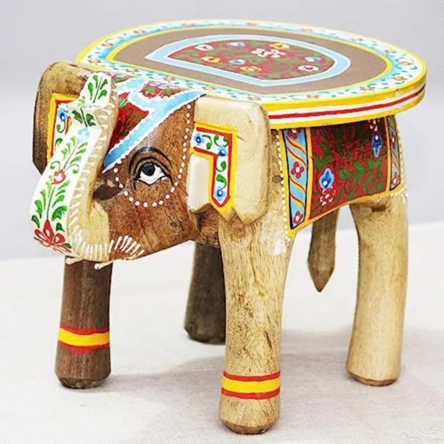 Elegant Hand-Painted Wooden Elephant Stool: Versatile Side Table for Home Decor