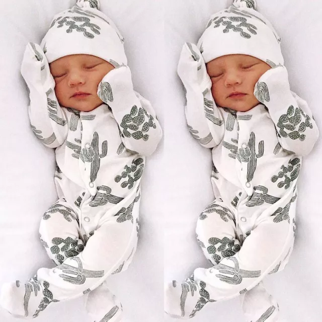 Newborn Infant Baby Boys Girls Floral Romper Jumpsuit Sleepwear Hat Outfits Set