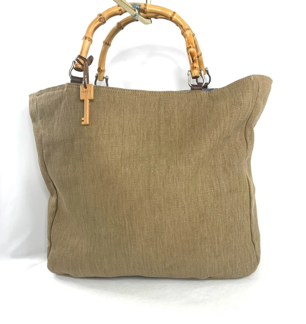 Fossil Islander Tan Textured Canvas Large Tote Bag Faux Bamboo Handles Bag Charm