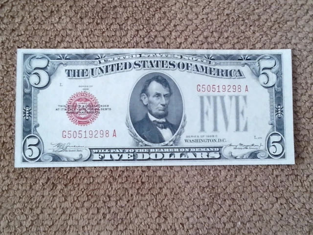 1928 Series C $5 Five Dollar Banknote, Crisp, Very Nice, Red Seal, Xf++