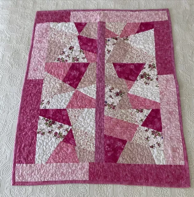 Handmade Crazy Geometric Patchwork Small Cotton Quilt Pink Floral 105 cm x 85 cm