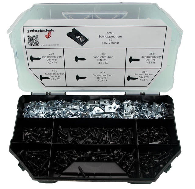 Sortimentskasten Schnappmuttern & Bundschrauben 4,2 Mm – 400 Teile Set Verzinkt