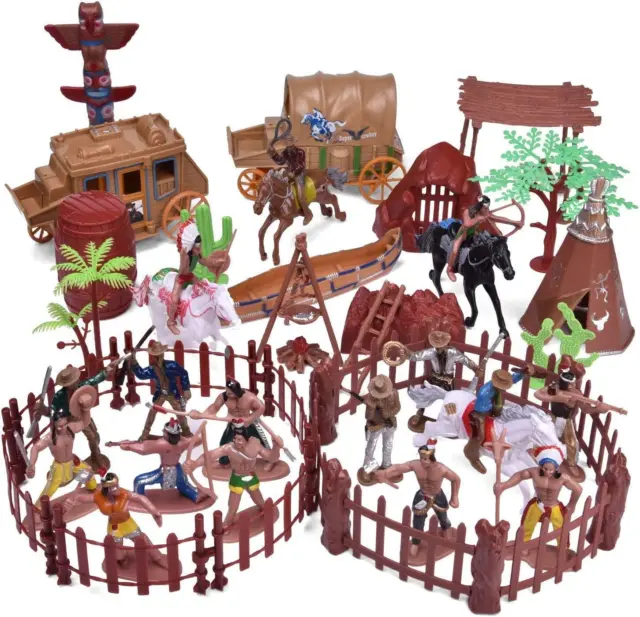 61 Pcs Wild West Cowboys and Indians Plastic Figures Toys, Toy Soldiers for Kid