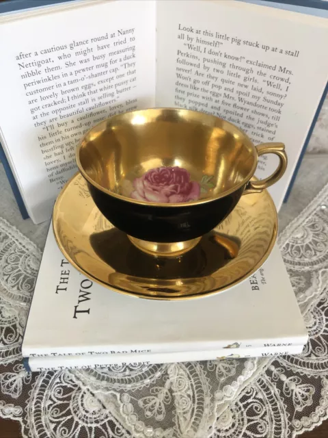 Floating Rose Teacup and Saucer Black; Gold; Pink 1940’s  Clarence China RARE 3