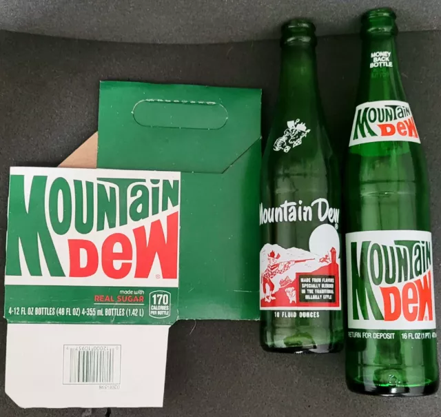 Vintage Mountain Dew Bottles 1-10 Oz. 1-16 Oz & 1 New Holder For 4-12 Oz Bottles