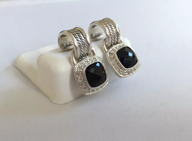 David Yurman Sterling Silver 7x7mm Black Onyx Petite Albion Diamond Earrings