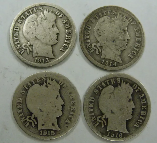 1913  1914 D  1915  1916   Barber Dimes, Free Shipping