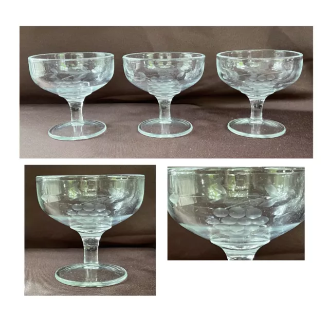 VINTAGE Champagne Glasses 6 oz. ETCHED GRAPES Clear 3-Piece Set