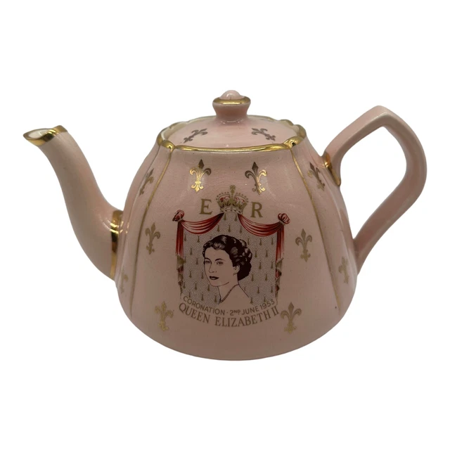 VTG QUEEN ELIZABETH II Coronation 2nd June 1953 Pink Gold Teapot