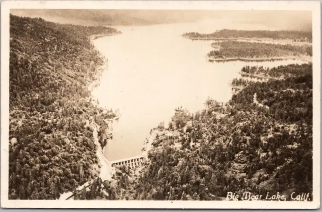 1940s BIG BEAR LAKE California RPPC Real Photo Postcard Aerial Dam View / Unused