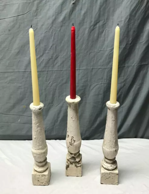 Set 3 Turned Wood Shabby Spindles Chunky Candle Stick Holders Old VTG 2077-23B