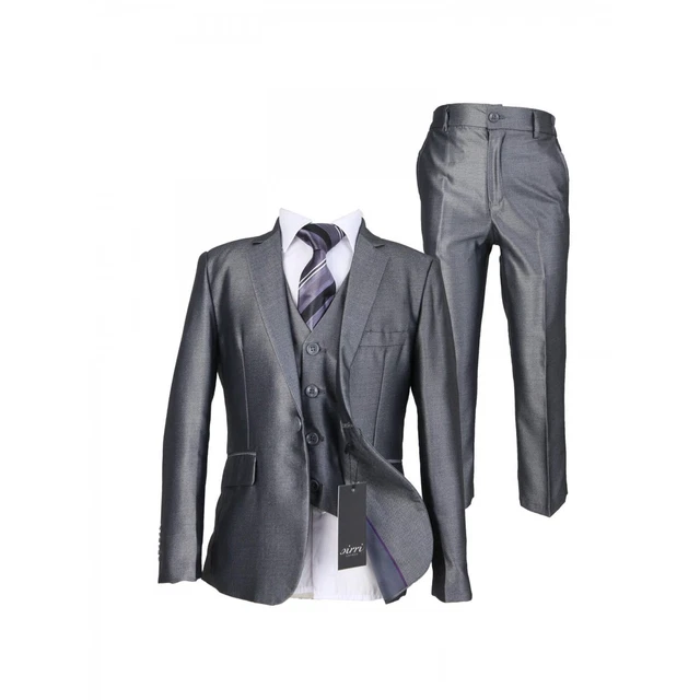 Boys Dark Silver Wedding Slim Fit Formal Suits 5 Piece Set With Silver Tie