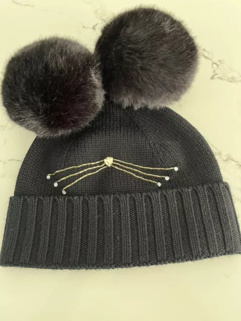 KATE SPADE Women's Wool Knit Cat Meow Beanie Hat One Size Pom Poms Excellent