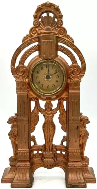 Vintage Ornate Cast Iron Mantle Clock Parlour Copper Color Victorian USA 486