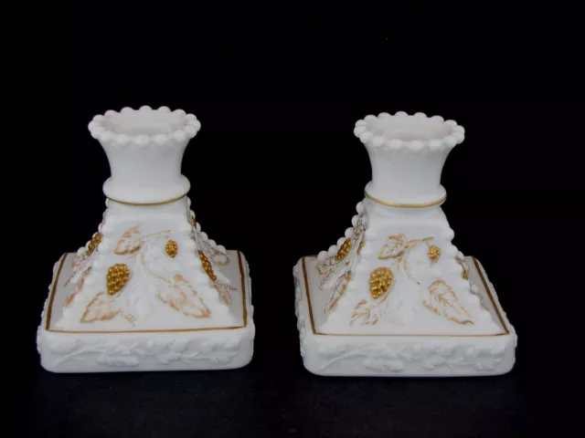 Westmoreland Milk Glass Beaded Grape 4" Square Candleholder Pair w Gold Decor