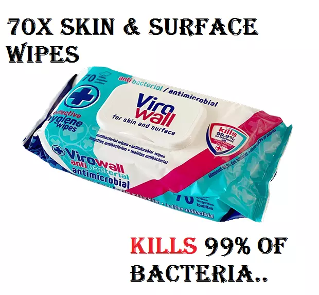 70X Virowall Skin & Surface Antibacterial Wipes Kills 99.9 Bacteria Peppermint