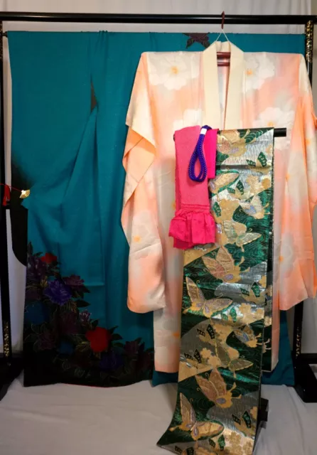 Japanese kimono SILK"FURISODE" long sleeves, a set of Six,Blue,Gold, L5'4".3120