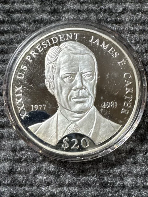 LIBERIA REP. 2000 Silver Coin (.999) $20 US President JAMES E. CARTER   20 g.