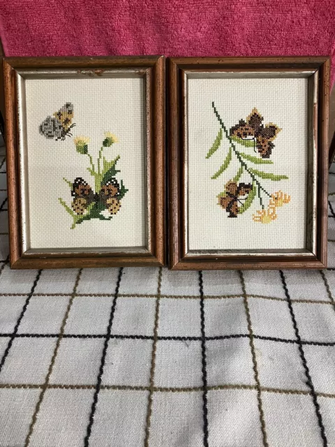 Vintage Pair Of Cross Stitched Butterfly and Flowers Wood Framed Picture 6” DWK