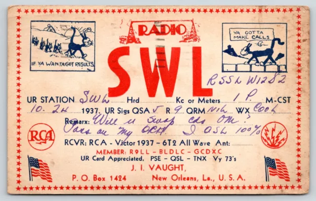New Orleans LA~QSL Ham Amateur Radio~RCA Victor~JI Vaught~Cats~1937 Postcard