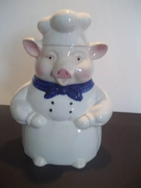 Large Vintage Ceramic Baker Chef Pig Cookie Jar Blue Keirchief CKAO