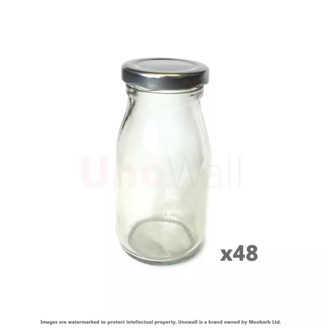 Set of 48 Classic Mini Glass Milk Bottles with Silver lids - 200ml