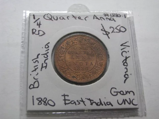 1880  1/4 Anna British East India Coin Victoria Choice UNC Bronze Quarter  #1880