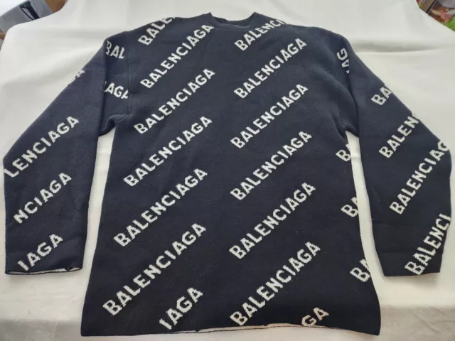 BALENCIAGA Unisex wool oversized logo all over sweater black white L