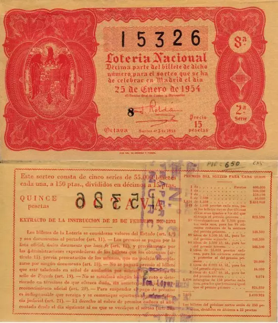 Año 1954. 15 Pts. Décima parte del billete. 25 de Enero. Sorteo Nº 3. 2ª Serie.