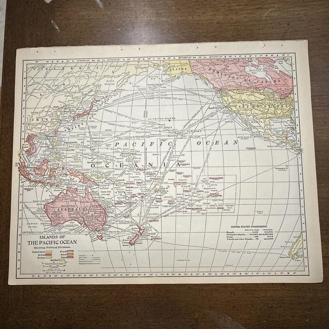 ANTIQUE COLORFUL 1908 Map Of The Islands Of The Pacific Ocean 13.5 x 10 ...