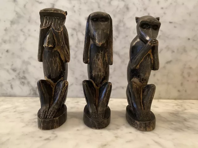 3 Hand Carved Wooden Wise Monkey Figurines See No, Hear No, Speak No Evil 5.25”