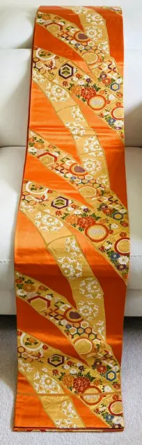 Fab Vintage Seta Arancione Giapponese ""Gambi di Bambù Oro"" Completo Fukuro-Obi per Kimono