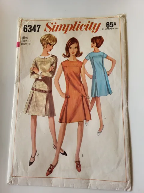 Vtg 60s Simplicity 6347 Sewing Pattern Lovely Retro Dress Sz Miss 12 Complete