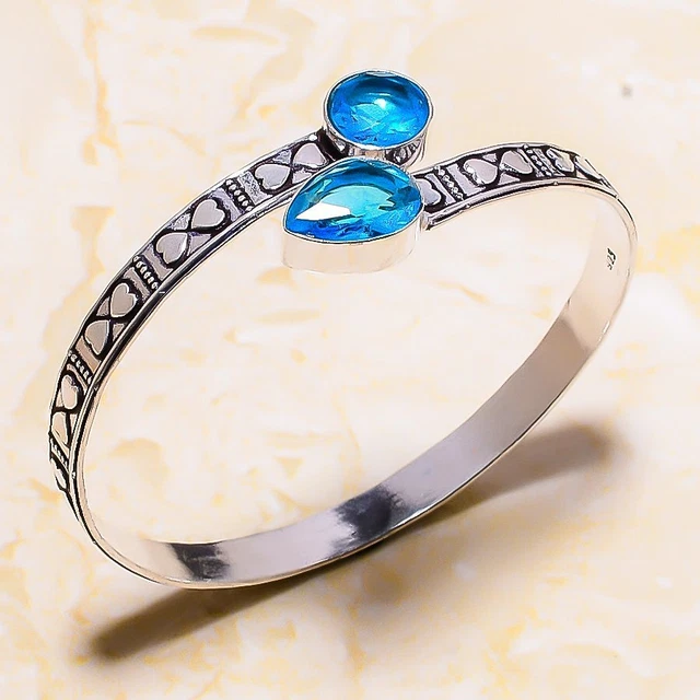 Swiss Blue Topaz Gemstone Handmade Gift Cuff Jewelry Bracelet Adjustable U895