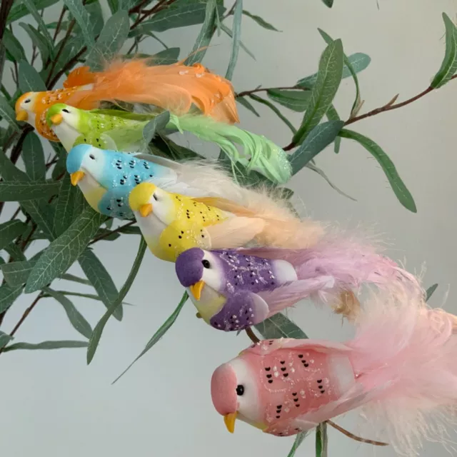 6 x Multi Coloured Bird Clip On Easter Decorations Feather Gisela Graham Pastel