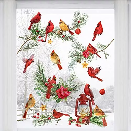 Winters Window Clings 9 Sheets Christmas Red Birds Glass Stickers Cardinal