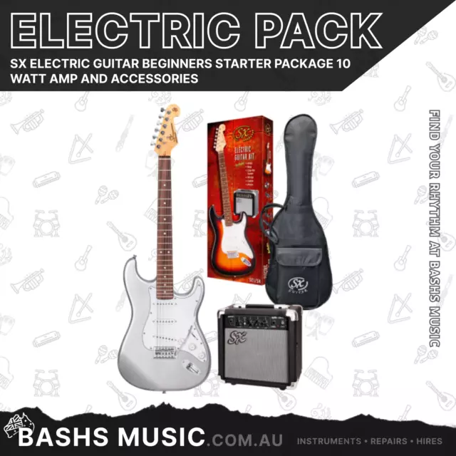 SX Electric Guitar Starter Package with Amp Tuner Gig Bag - Silver