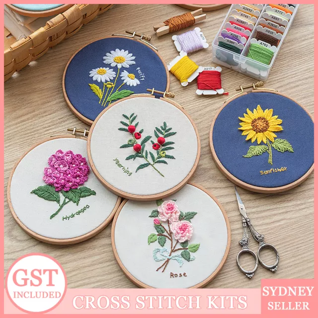 DIY Flowers Pattern Embroidery Kits Craft Beginner Needlepoint Hoop Cross Stitch