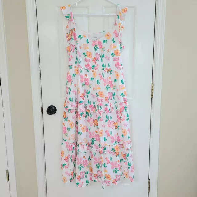 J Crew Factory Floral Tiered Midi Dress Size L Flutter Sleeve Pink White
