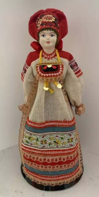 Vtg Russian Cone Matreshka 9.5” Handmade Folk Art Doll Painted Porcelain Face