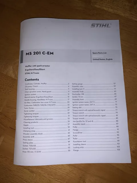 MS 201, 201 T, 201T, MS201 C-EM Stihl lista de piezas diagrama manual *Nuevo*